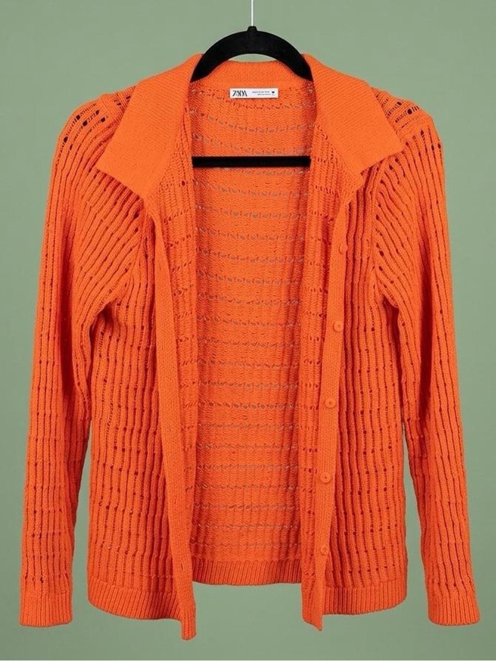 Zara Orange Open-Knit Button Cardigan